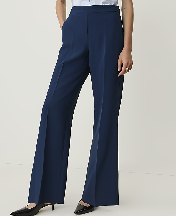 A person stands in dark blue flared trousers and black pointed-toe heels against a plain white background.