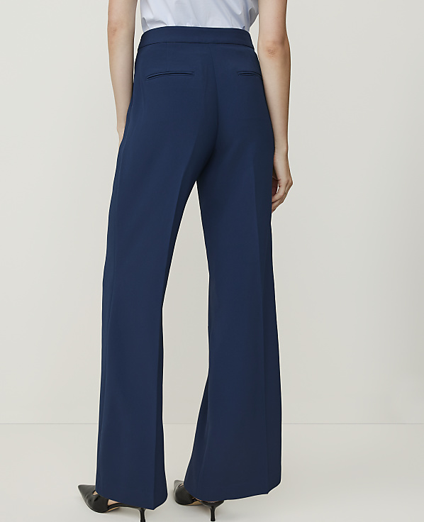 A person wearing navy blue wide-leg trousers and black heels stands against a plain, light-colored background.