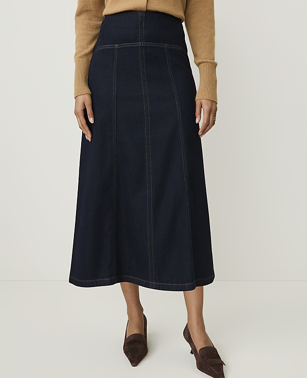 Petite Drop Waist Midi Skirt in Denim