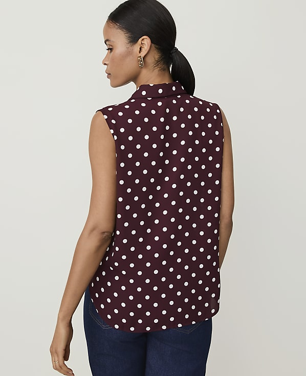 Petite Polka Dot Shirred Sleeveless Shirt