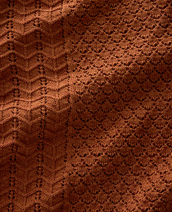 A close-up view of a textured brown knitted fabric displays a chevron pattern on the left and a honeycomb pattern on the right, with shadows creating depth.