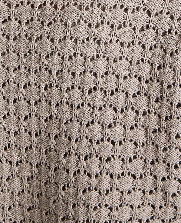 A close-up view of a beige knitted fabric with a repeating diamond-shaped lace pattern fills the frame.