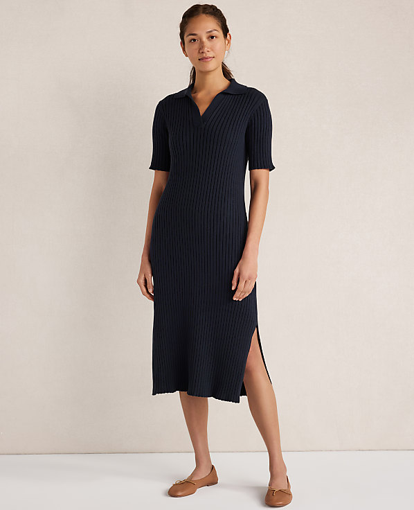 A woman in a navy ribbed polo dress and brown flats stands against a plain, light-colored background.