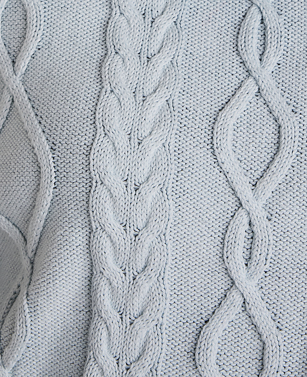 A close-up of a light blue cable-knit sweater with intricate braided patterns fills the frame.
