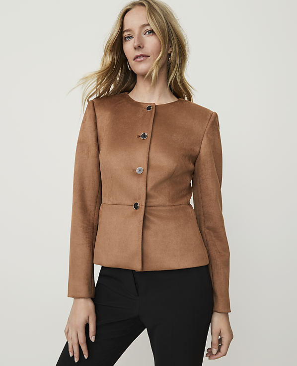 Petite Crew Neck Peplum Jacket in Faux Suede