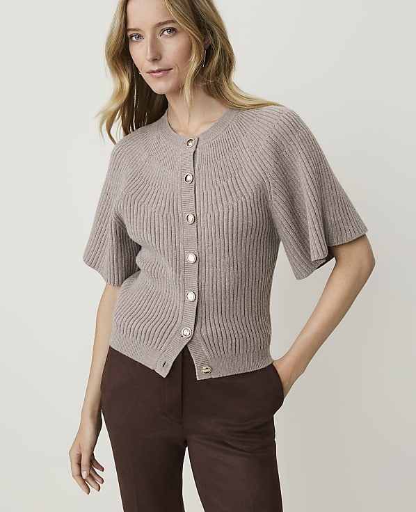 Petite Ribbed Crew Neck Cardigan