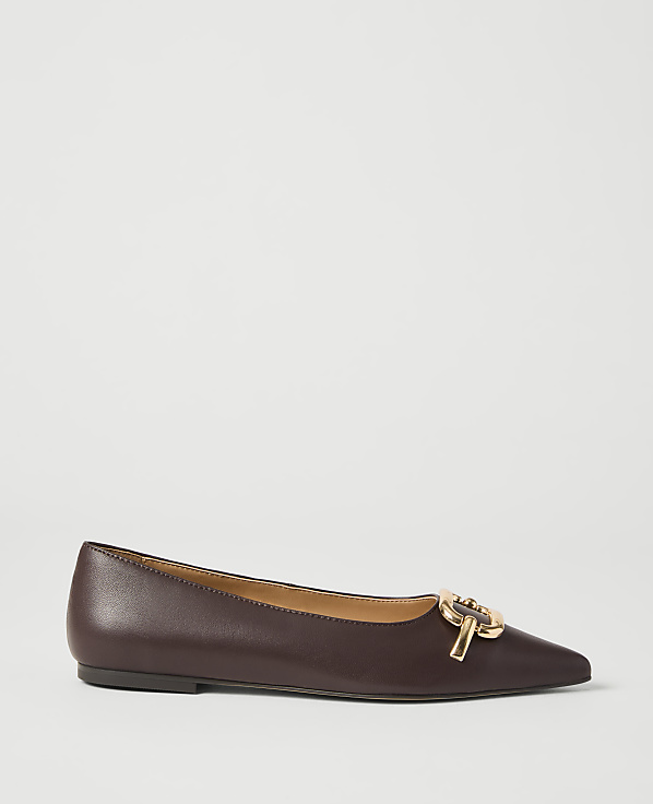 A brown pointed-toe flat shoe with a gold buckle sits on a plain white background.