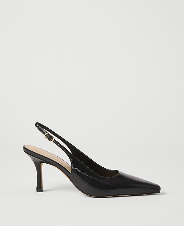A black slingback heel with a pointed toe rests on a plain white background.