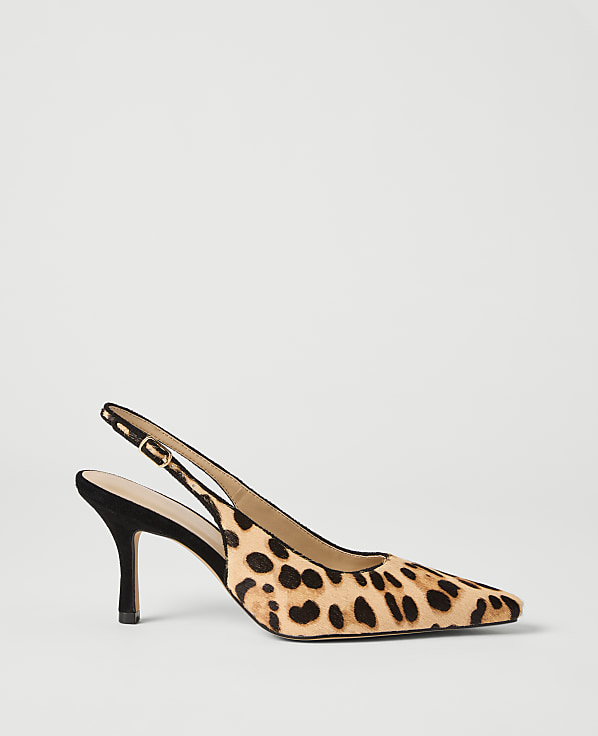 A leopard-print slingback heel with a black heel and strap rests against a plain white background.