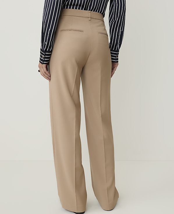 A person wearing tan wide-leg trousers and a striped shirt stands against a plain, light background.