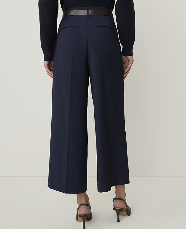 A person wearing navy wide-leg trousers and dark heels stands against a plain, light-colored background.
