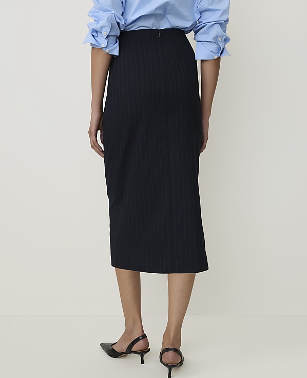 A person stands in a pinstripe skirt and blue shirt against a plain white background.