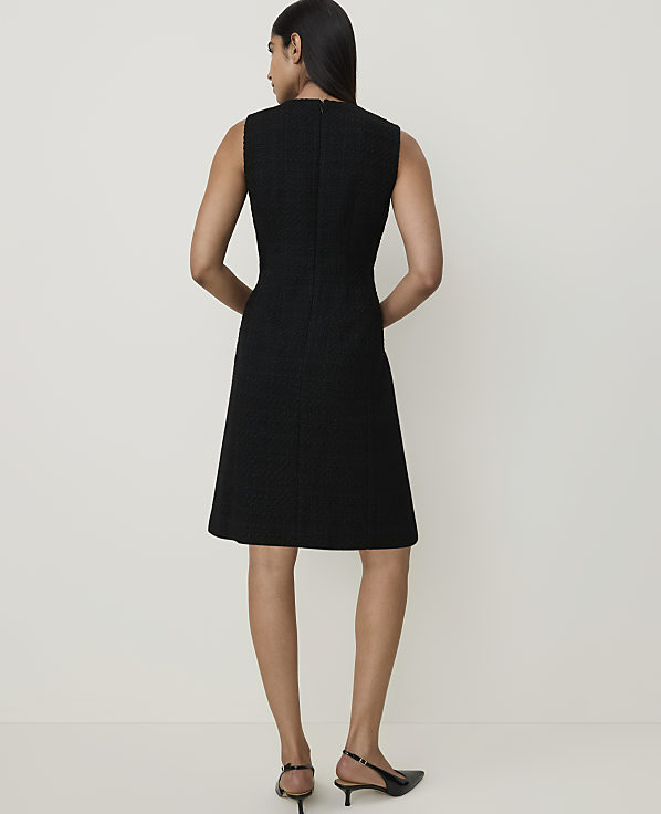 Petite Crew Neck Button Shift Dress in Tweed