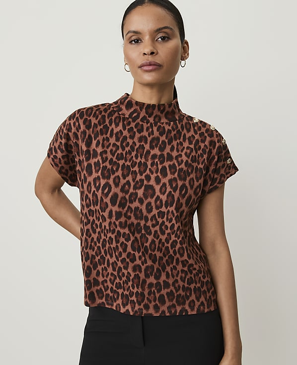 Petite Animal Print Button Mock Neck Top