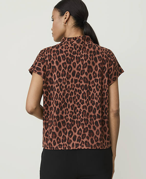 Petite Animal Print Button Mock Neck Top