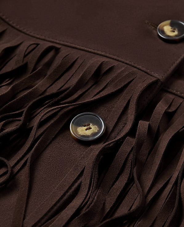 Brown fabric with fringe and buttons in the foreground is set against a blurred background.