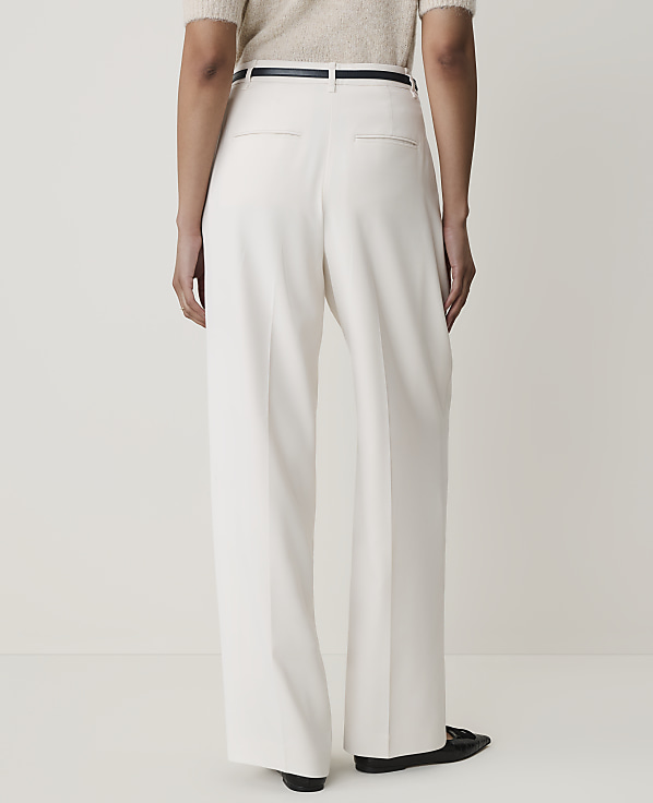 A person stands in cream-colored wide-leg pants and black flats against a plain white background.