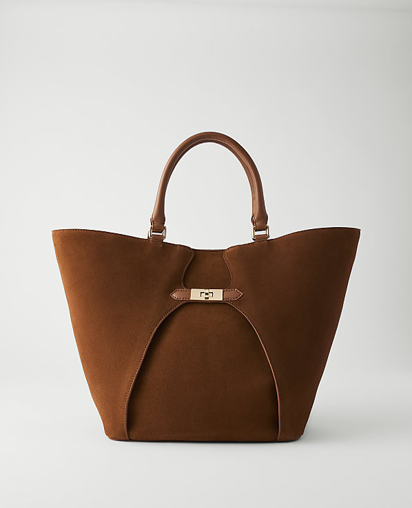 A rich brown suede tote bag with leather handles and a gold clasp sits against a plain white background.