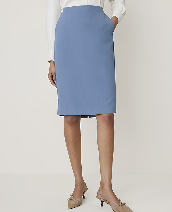 A woman in a blue pencil skirt and black heels stands against a plain white background.
