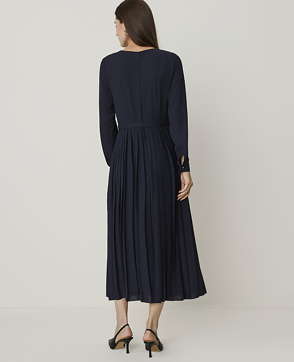 A woman in a navy pleated dress stands against a plain, light-colored background.