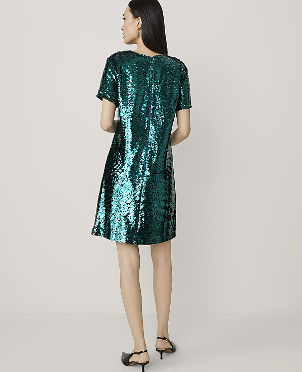 A woman in a sparkling green sequined dress stands against a plain, light-colored background.