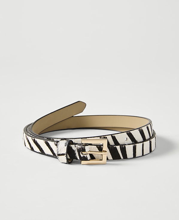 A thin, zebra-print belt with a gold buckle lies coiled on a plain white background.