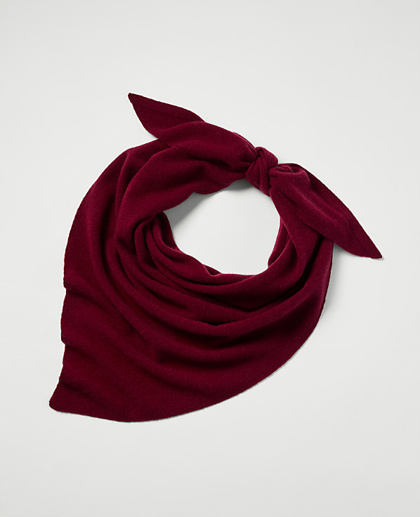 A deep red scarf is tied in a knot with its ends fanned out against a plain white background.