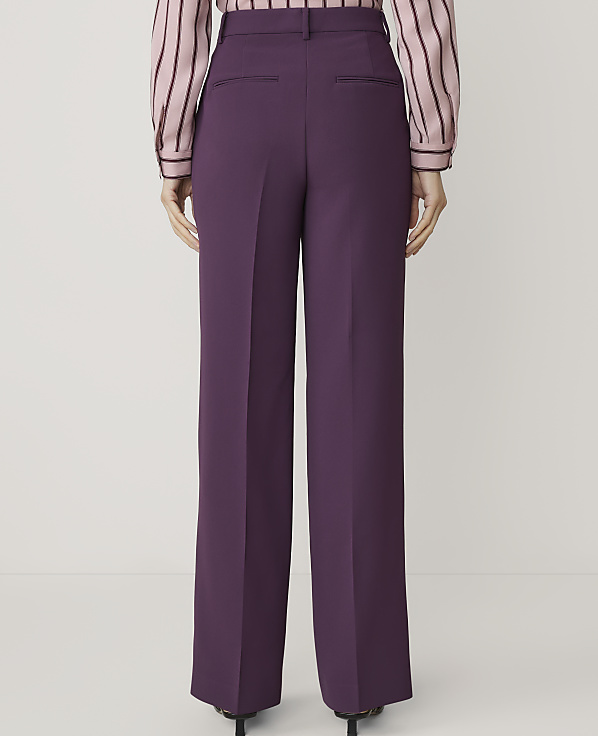 A person wearing purple wide-leg trousers and a striped pink and black blouse stands against a plain white background.