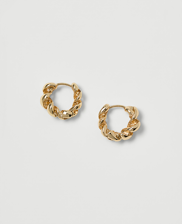 Two gold twisted hoop earrings rest on a plain, light gray background.
