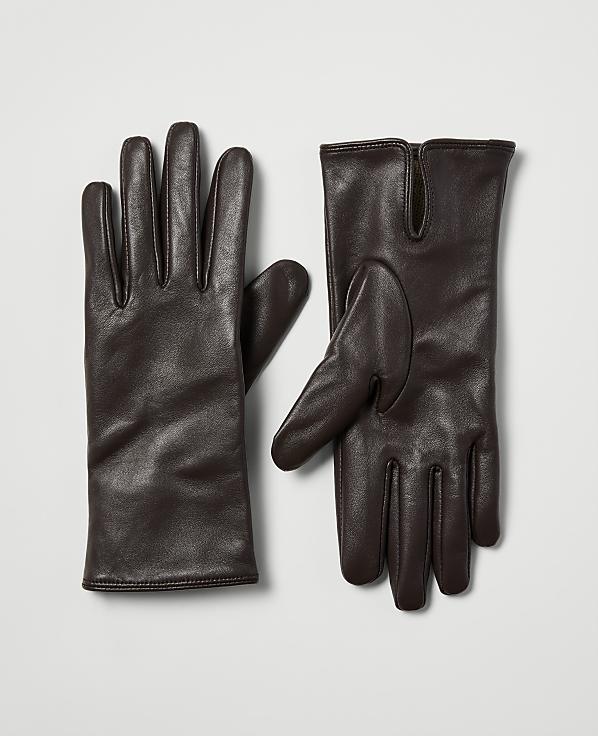 A pair of dark brown leather gloves lies on a plain, light gray background.