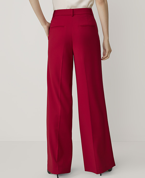 A person wearing red wide-leg pants stands against a plain white background.