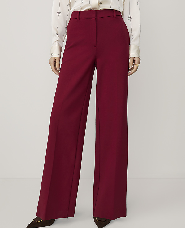 A person stands in front of a plain white background, wearing high-waisted, wide-leg burgundy pants and a patterned blouse.