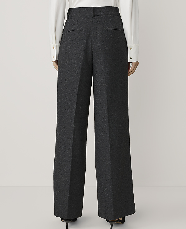 A person stands in dark grey wide-leg trousers and a white shirt against a plain white background.