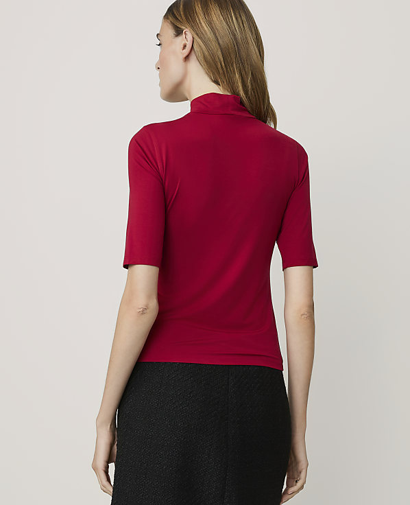 A woman in a red turtleneck shirt and black skirt stands against a plain, light gray background.