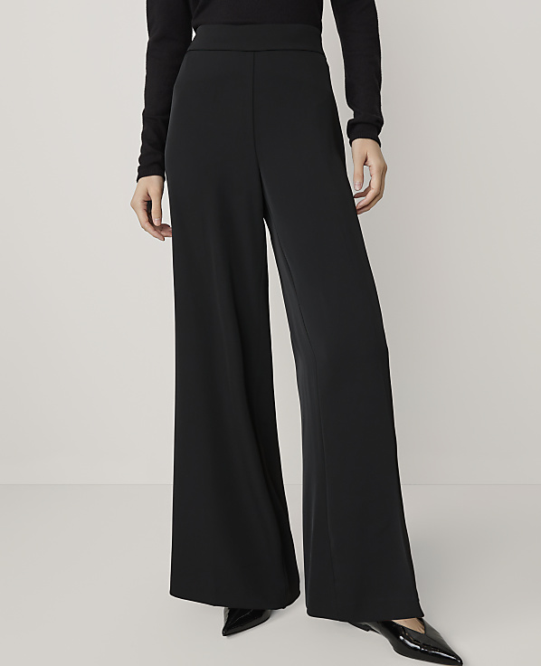 A person wearing black wide-leg pants and black pointed-toe shoes stands against a plain white background.