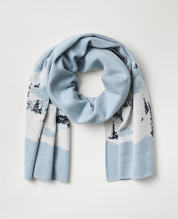 A light blue patterned scarf is draped in a loop against a plain white background.