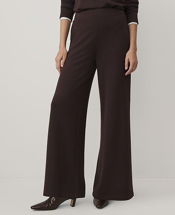 A person wears dark brown wide-leg trousers and matching shoes against a plain white background.