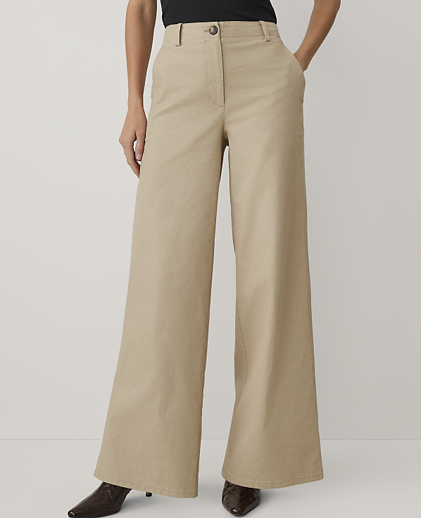 A person wears wide-leg beige trousers and dark shoes against a plain light gray background.
