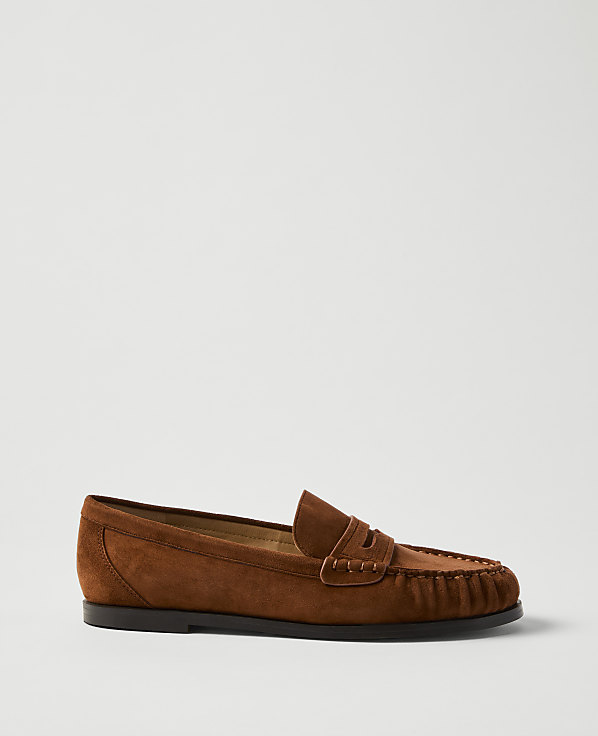 A brown suede loafer sits in the foreground against a plain, light grey background.