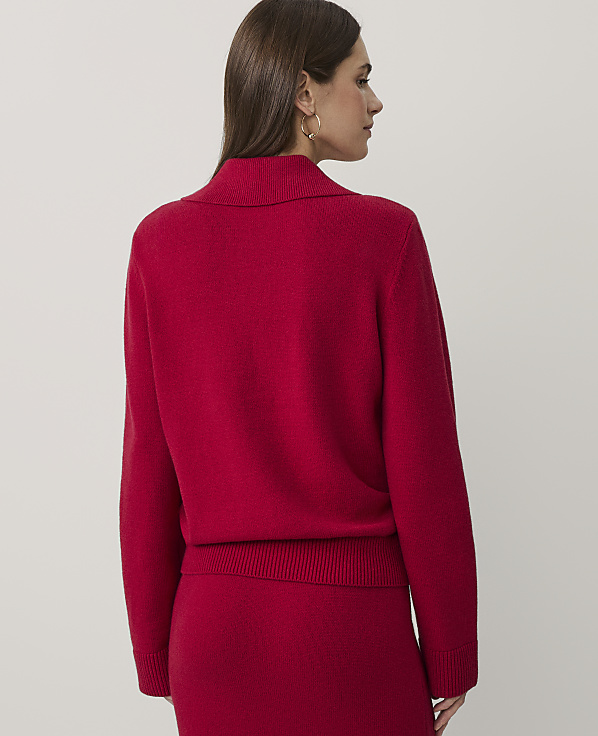 A woman wearing a red knit sweater and matching skirt stands against a plain, light-colored background.