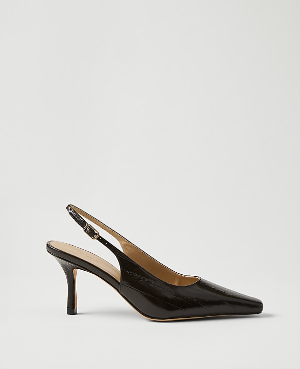 A single dark brown crocodile-embossed slingback heel sits against a plain, light gray background.