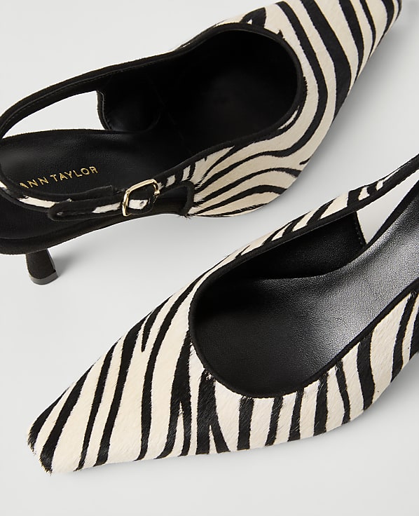 Two zebra-print pointed-toe pumps with black straps are positioned diagonally against a plain white background.