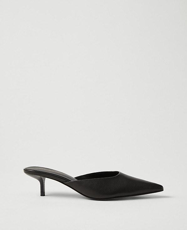 A single black pointed-toe kitten heel mule sits in the foreground against a plain, light gray background.