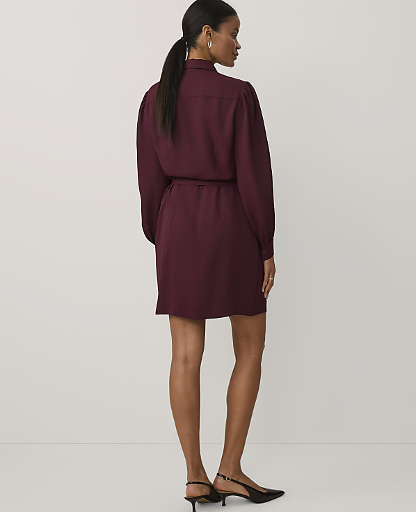 A woman wearing a short, long-sleeved burgundy dress and black heels stands against a plain white background.