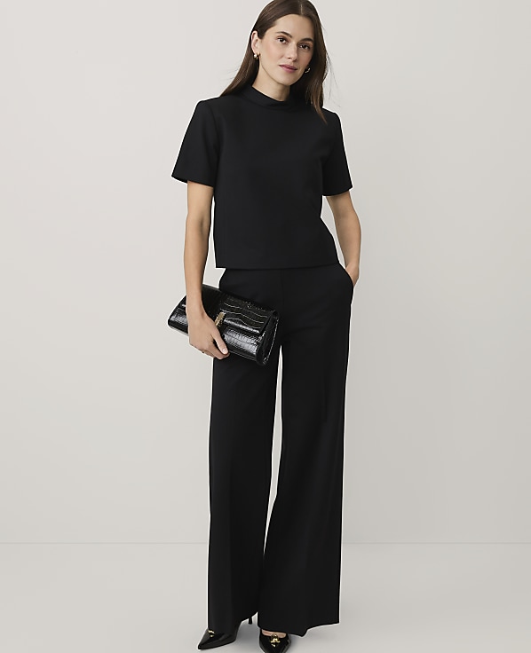 A woman wearing a black short-sleeved top and wide-leg trousers holds a black clutch against a plain white background.