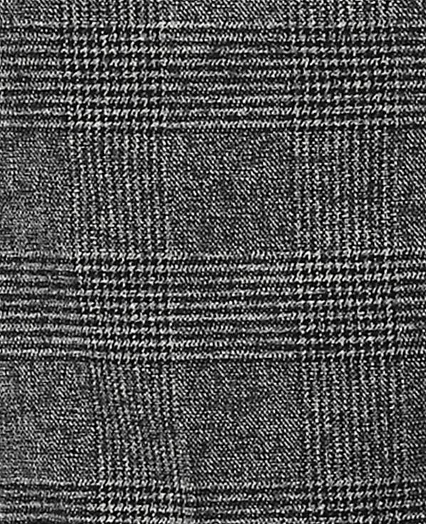A close-up of a grey plaid fabric featuring intersecting light-colored lines over a dark, textured weave.