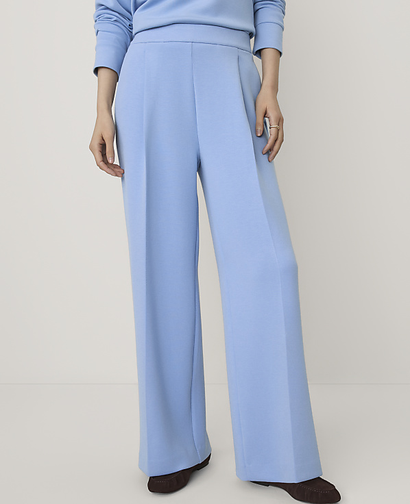 A person wears a light blue matching sweatshirt and wide-leg trousers against a plain, neutral background.
