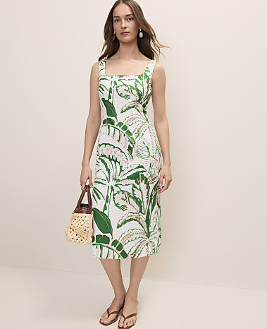 Palm Tree Print Column Midi Dress in Linen Blend