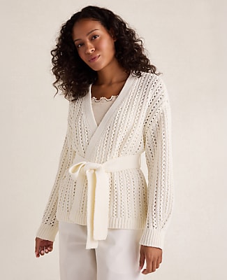 Ann Taylor Haven Well Within Textured Cotton Blend Belted Cardigan In Ivory