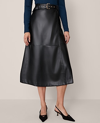 Faux Leather Belted Wrap Skirt - Black